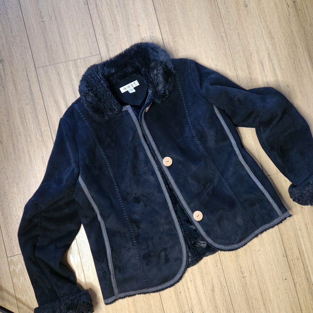 Coldwater Creek Jacket Womens M Black Faux Suede Faux Fur Trim Lined Button Up